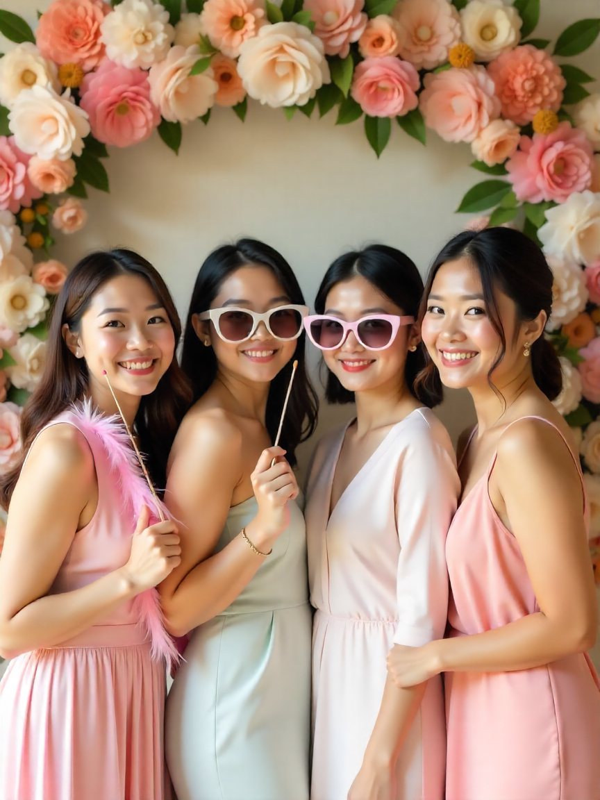 Invitées posant dans un décor de mariage